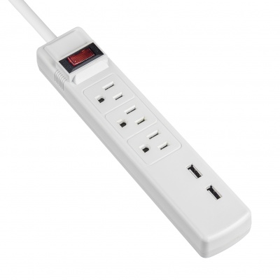 3 Outlets Surge Protector with 3.1A Dual USB Charging Ports and Integrated 15Amp Circuit Breaker Power Switch