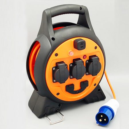IEC 60309 Plug 16 Amps Cord Reel 3-Outlet European Germany Schuko Sockets  2 USB 2.1A 5V Output Charging Ports