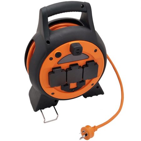 Mains Roller Reel 240V Electric Hook-Up Lead 3 Outlet AS Australia Socket with 2 USB Ports & LED Light