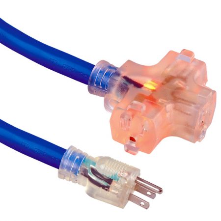 Outdoor Extension Cord Heavy Duty Triple Outlet Custom Length Flexible PVC, TPE, Rubber Jacket Cable Lighted End UL Listed